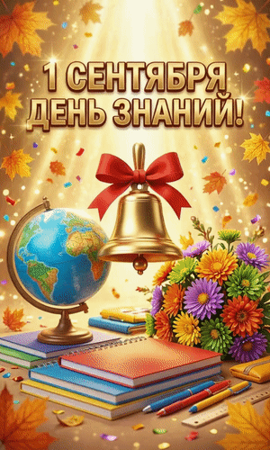 Праздничная иллюстрация к 1 сентября — Дню знаний. На картинке школьный колокольчик, глобус, книги и яркий букет цветов на осеннем фоне. Анимированная открытка 1 сентября День знаний Праздничная иллюстрация к 1 сентября — Дню знаний. На ярком осеннем фоне с золотыми листьями и конфетти изображены символы учебы: золотой школьный колокольчик с красным бантом, глобус, стопка разноцветных книг, ручки и пышный букет ярких осенних цветов. Композиция передает атмосферу начала учебного года, радости и торжественности момента