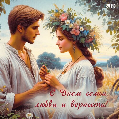 Романтическая иллюстрация к Дню семьи, любви и верности: влюбленная пара в цветочном венке на фоне летнего пейзажа. Теплое поздравление с праздником. Открытка С днем семьи любви и верности Живописная цифровая иллюстрация, посвященная Дню семьи, любви и верности. На картине изображена молодая пара в светлых одеждах в традиционном стиле: мужчина и женщина нежно смотрят друг на друга на фоне цветущего летнего пейзажа. Девушка украшена пышным венком из полевых цветов. Теплая, романтическая атмосфера, мягкое освещение и нежные цвета подчеркивают тему семейных ценностей и вечной любви