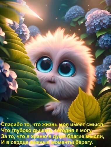 Милый пушистый зверек с большими глазами на фоне цветов и вдохновляющая цитата о смысле жизни и благодарности. Красивая открытка для души. Открытка Спасибо то, что жизнь моя имеет смысл, Что глубоко дышать сегодня я могу, За то, что я храню в душе Милая и трогательная цифровая иллюстрация с изображением пушистого сказочного существа с огромными голубыми глазами. Маленький персонаж с мягкой белой шерстью выглядывает из-за пышной зелени и нежных цветов, создавая атмосферу волшебства, уюта и спокойствия. На изображении наложен вдохновляющий текст на русском языке о благодарности жизни, поиске смысла и сохранении светлых мыслей в душе