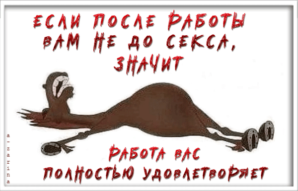 Юмористический мем про усталость после работы: «Если после работы вам не до секса, значит работа вас полностью удовлетворяет». Смешная картинка про выгорание. Анимированная открытка Если после работы вам не до секса, значит работа вас полностью устраивает Смешная и ироничная картинка-мем с текстовой шуткой на тему трудоголизма и усталости. На белом фоне изображен мультяшный персонаж в расслабленной, вытянутой позе, олицетворяющий крайнюю степень изнеможения. Текст на русском языке гласит: 