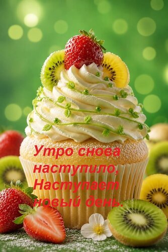 Яркий капкейк с клубникой и киви и надписью «Утро снова наступило, наступает новый день». Красивая открытка для доброго утра и хорошего настроения. Открытка Утро снова наступило, Наступает новый день. Аппетитный десерт в виде пышного капкейка с нежным белым кремом, украшенного свежей клубникой и дольками киви. Картинка дополнена вдохновляющей надписью на русском языке: «Утро снова наступило, наступает новый день». Яркий, сочный и солнечный фон с эффектом боке создает позитивное настроение Яркий капкейк с клубникой и киви и надписью «Утро снова наступило, наступает новый день». Красивая открытка для доброго утра и хорошего настроения. Открытка Утро снова наступило, Наступает новый день. Аппетитный десерт в виде пышного капкейка с нежным белым кремом, украшенного свежей клубникой и дольками киви. Картинка дополнена вдохновляющей надписью на русском языке: «Утро снова наступило, наступает новый день». Яркий, сочный и солнечный фон с эффектом боке создает позитивное настроение