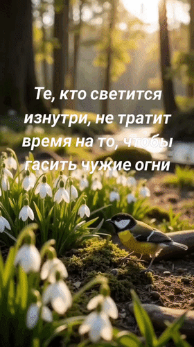 Вдохновляющая цитата о внутреннем свете на фоне весеннего леса, цветов и птицы. Мотивационная картинка для соцсетей и статусов. Анимированная открытка Те, кто светится изнутри, не тратит время на то, чтобы гасить чужие огни. Эстетичное изображение с глубокой философской цитатой на русском языке: «Те, кто светится изнутри, не тратят время на то, чтобы гасить чужие огни». На фоне — живописный лесной пейзаж в мягком солнечном свете, цветущие подснежники (галантусы) и маленькая птичка на земле. Идеально подходит для вдохновения, мотивационных постов в соцсетях, сторис и статусов о саморазвитии, внутренней гармонии и позитивном мышлении
