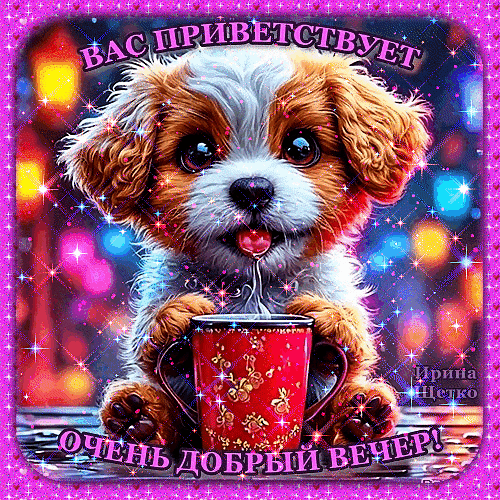 Милая открытка с щенком и кружкой: Вас приветствует очень добрый вечер!. Уютная картинка для пожелания доброго вечера друзьям и близким. Анимированная открытка Добрый вечер! Милая и очаровательная картинка с маленьким рыже-белым щенком, который держит в лапках красную кружку. На изображении надпись на русском языке: Вас приветствует очень добрый вечер!. Фон наполнен яркими, праздничными бликами и эффектом боке, создающими уютную и теплую атмосферу Милая открытка с щенком и кружкой: Вас приветствует очень добрый вечер!. Уютная картинка для пожелания доброго вечера друзьям и близким. Анимированная открытка Добрый вечер! Милая и очаровательная картинка с маленьким рыже-белым щенком, который держит в лапках красную кружку. На изображении надпись на русском языке: Вас приветствует очень добрый вечер!. Фон наполнен яркими, праздничными бликами и эффектом боке, создающими уютную и теплую атмосферу