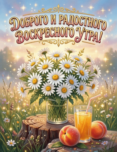 Яркая открытка «Доброго и радостного воскресного утра!» с букетом ромашек, соком и персиками в солнечном свете. Идеальное пожелание на воскресенье! Анимированная открытка Доброго и радостного воскресного утра Красивая поздравительная открытка с пожеланием доброго и радостного воскресного утра. На изображении представлен пышный букет белых ромашек в стеклянной вазе, стоящей на деревянном пне. Рядом с букетом стоит стакан освежающего апельсинового сока и два спелых персика. Композиция залита солнечным светом, вокруг летают магические искорки, создавая атмосферу тепла, уюта и праздника