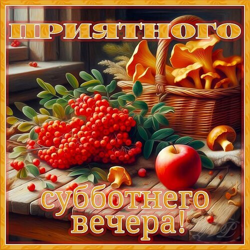 Уютная осенняя открытка с рябиной, грибами и корзинкой лисичек. Надпись: «Приятного субботнего вечера!» — идеальное пожелание для субботы. Открытка Приятного субботнего вечера! Красочная поздравительная открытка с осенним натюрмортом на деревянном столе. На изображении представлены гроздья спелой красной рябины, золотистые лисички в плетеной корзинке, сочное красное яблоко и лесные грибы. Теплые тона и уютная композиция дополнены надписью на русском языке «Приятного субботнего вечера!», создавая атмосферу тепла, уюта и осеннего спокойствия