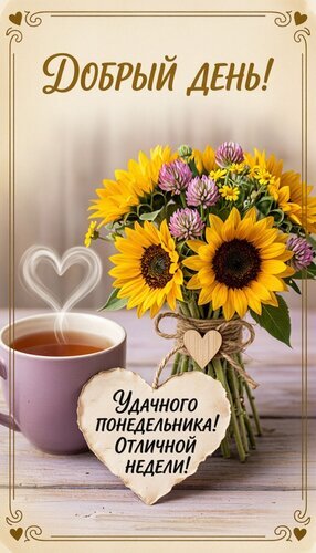 Открытка «Добрый день! Удачного понедельника!» с букетом подсолнухов и чашкой чая. Красивое пожелание отличной недели для близких и друзей. Открытка Удачного понедельника Красивая открытка с пожеланием доброго дня и удачного понедельника. На изображении представлен яркий букет подсолнухов и полевых цветов рядом с дымящейся чашкой ароматного чая. Сердечки из пара и декоративное сердце из крафтовой бумаги создают уютную и теплую атмосферу