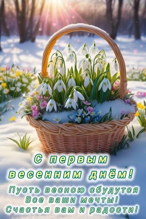Поздравление с первым весенним днем: нежные подснежники в корзинке на фоне солнечного весеннего пейзажа. Пожелание счастья, радости и исполнения всех мечтаний! Открытка С первым весенним днем! Пусть весною сбудутся все ваши мечты! Счастья вам и радости! Живописная поздравительная открытка с подснежниками в плетеной корзинке на фоне весеннего солнечного пейзажа. На картинке изображены нежные белые цветы, пробивающиеся сквозь снег, что символизирует пробуждение природы. Текст на русском языке гласит: «С первым весенним днем! Пусть весною сбудутся все ваши мечты! Счастья вам и радости!»