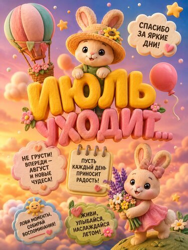Милая 3D-открытка «Июль уходит...» с зайчиками, цветами и пожеланиями. Теплая летняя иллюстрация для соцсетей и настроения на прощание с июлем. Открытка Июль уходит, но самые теплые моменты остаются в сердце. Яркая и эмоциональная поздравительная открытка на тему уходящего лета. В центре композиции — милые мультяшные зайчики в летних нарядах на фоне облачного закатного неба. Крупная объемная надпись на русском языке «Июль уходит...» в центре кадра. Декор включает воздушные шары, воздушный шар, цветы и облачка с вдохновляющими цитатами: «Спасибо за яркие дни!», «Не грусти! Впереди — август и новые чудеса!», «Пусть каждый день приносит радость!» и «Лови моменты, собирай воспоминания!». Изображение выполнено в нежной 3D-стилистике, напоминающей современную анимацию, с теплыми пастельными тонами, создающими атмосферу ностальгии и радостного ожидания августа Милая 3D-открытка «Июль уходит...» с зайчиками, цветами и пожеланиями. Теплая летняя иллюстрация для соцсетей и настроения на прощание с июлем. Открытка Июль уходит, но самые теплые моменты остаются в сердце. Яркая и эмоциональная поздравительная открытка на тему уходящего лета. В центре композиции — милые мультяшные зайчики в летних нарядах на фоне облачного закатного неба. Крупная объемная надпись на русском языке «Июль уходит...» в центре кадра. Декор включает воздушные шары, воздушный шар, цветы и облачка с вдохновляющими цитатами: «Спасибо за яркие дни!», «Не грусти! Впереди — август и новые чудеса!», «Пусть каждый день приносит радость!» и «Лови моменты, собирай воспоминания!». Изображение выполнено в нежной 3D-стилистике, напоминающей современную анимацию, с теплыми пастельными тонами, создающими атмосферу ностальгии и радостного ожидания августа