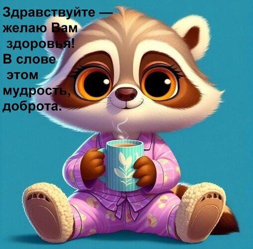Милая открытка с енотом в пижаме и пожеланием здоровья. Добрая цифровая иллюстрация для душевного приветствия и доброго утра в соцсетях. Открытка Здравствуйте — желаю Вам здоровья! В слове этом — мудрость, доброта. Милая и добрая цифровая иллюстрация с изображением очаровательного енота в розовой пижаме, который держит кружку теплого напитка. На картинке размещен поздравительный текст на русском языке: Здравствуйте — желаю Вам здоровья! В слове этом мудрость, доброта. Изображение выполнено в стиле 3D-анимации с выразительными большими глазами и мягкой текстурой шерсти Милая открытка с енотом в пижаме и пожеланием здоровья. Добрая цифровая иллюстрация для душевного приветствия и доброго утра в соцсетях. Открытка Здравствуйте — желаю Вам здоровья! В слове этом — мудрость, доброта. Милая и добрая цифровая иллюстрация с изображением очаровательного енота в розовой пижаме, который держит кружку теплого напитка. На картинке размещен поздравительный текст на русском языке: Здравствуйте — желаю Вам здоровья! В слове этом мудрость, доброта. Изображение выполнено в стиле 3D-анимации с выразительными большими глазами и мягкой текстурой шерсти