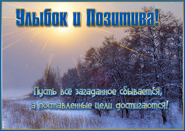 Зимняя открытка с пожеланием позитива и исполнения желаний. Надпись: «Пусть все загаданное сбывается, а цели достигаются!» на фоне солнечного зимнего леса. Анимированная открытка Пусть все загаданное сбывается, а поставленные цели достигаются! Зимняя открытка с вдохновляющей надписью на русском языке. На фоне заснеженного леса и яркого зимнего солнца виден текст: 