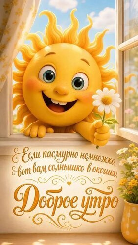 Милое мультяшное солнышко с ромашкой в окне. Позитивное пожелание Доброе утро на русском языке. Яркая иллюстрация для открытки. Открытка Доброе утро Яркая и позитивная цифровая иллюстрация с милым мультяшным персонажем — улыбающимся солнышком. Персонаж с большими голубыми глазами и румянцем выглядывает из окна, держа в руках белую ромашку. Фон представляет собой светлую комнату и голубое небо. В нижней части изображения расположен красивый каллиграфический текст на русском языке: 