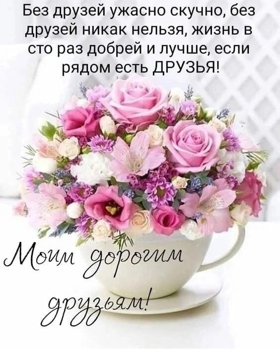 Душевная открытка с розовыми розами и цитатой о дружбе: «Жизнь в сто раз добрее и лучше, если рядом есть ДРУЗЬЯ!». Поздравление для дорогих друзей. Открытка Моим дорогим друзьям Красивая поздравительная открытка с пышным букетом нежно-розовых роз и лилий в белой чашке. На изображении размещена трогательная цитата о ценности дружбы на русском языке: «Без друзей ужасно скучно, без друзей никак нельзя, жизнь в сто раз добрее и лучше, если рядом есть ДРУЗЬЯ!». В нижней части надпись каллиграфическим шрифтом: «Моим дорогим друзьям!»