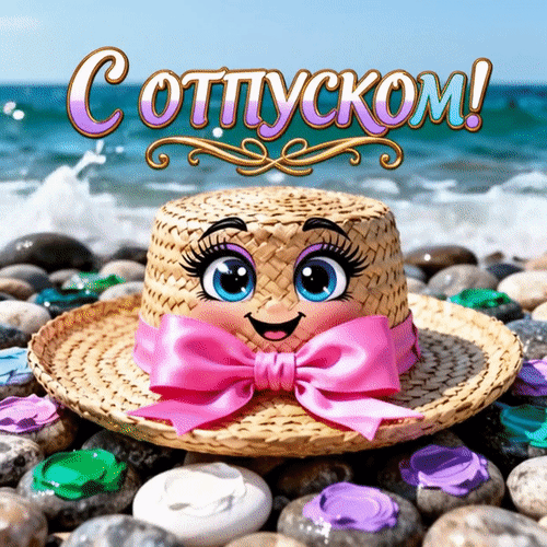 Яркое поздравление «С отпуском!»: милая соломенная шляпка с улыбкой на фоне морского пляжа и волн. Идеально для летнего настроения и пожеланий отдыха! Анимированная открытка Отпуск Яркая и позитивная картинка к отпуску, на которой изображена стильная соломенная шляпа с милым мультяшным лицом, большими голубыми глазами и розовым бантом. Шляпа расположена на морском побережье среди разноцветных камней на фоне лазурных волн и голубого неба. Сверху красуется праздничная надпись «С отпуском!» золотистыми буквами