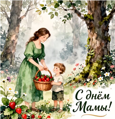 Милая акварельная открытка «С днем Мамы!» с изображением мамы и ребенка в лесу с корзиной клубники. Нежный поздравительный рисунок для праздника. Открытка С днем мамы! Акварельная иллюстрация в нежных тонах, изображающая любящую маму и маленького сына в лесу. Женщина в зеленом платье несет корзину спелой клубники, а ребенок с восторгом смотрит на нее. Вокруг — живописные деревья, полевые цветы и солнечный свет. В углу каллиграфическая надпись на русском языке «С днем мамы!» Милая акварельная открытка «С днем Мамы!» с изображением мамы и ребенка в лесу с корзиной клубники. Нежный поздравительный рисунок для праздника. Открытка С днем мамы! Акварельная иллюстрация в нежных тонах, изображающая любящую маму и маленького сына в лесу. Женщина в зеленом платье несет корзину спелой клубники, а ребенок с восторгом смотрит на нее. Вокруг — живописные деревья, полевые цветы и солнечный свет. В углу каллиграфическая надпись на русском языке «С днем мамы!»