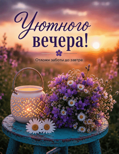 Открытка «Уютного вечера!» с букетом цветов и фонариком на фоне заката. Теплое пожелание: «Отложи заботы до завтра». Идеально для доброго вечера! Анимированная открытка Уютного вечера! Отложи заботы до завтра. Красивая и атмосферная открытка с пожеланием уютного вечера. На изображении представлен пышный букет фиолетовых и белых полевых цветов, стоящий на старом синем табурете рядом с уютным светящимся фонариком. Фон дополнен нежным закатом в теплых розовых и золотистых тонах, создающим ощущение спокойствия и умиротворения. Надпись на русском языке: «Уютного вечера! Отложи заботы до завтра»