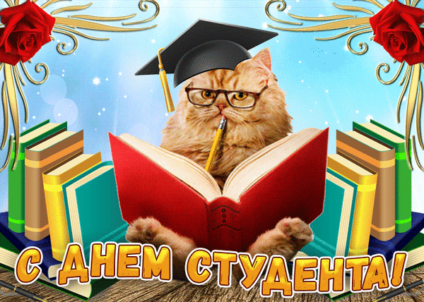 Поздравление с Днем студента: забавный рыжий кот в академической шапочке и очках читает книгу среди учебников. Яркая открытка для студентов и школьников. Анимированная открытка Татьянин день Забавная и праздничная открытка к Дню студента с изображением рыжего кота-отличника. Кот в академической шапочке (конфедератке) и очках сидит за столом, увлеченно читая большую красную книгу. В зубах у кота карандаш, а вокруг него лежат стопки разноцветных учебников. Фон светлый, с золотистыми декоративными элементами и розами по углам. Внизу яркая надпись на русском языке: 