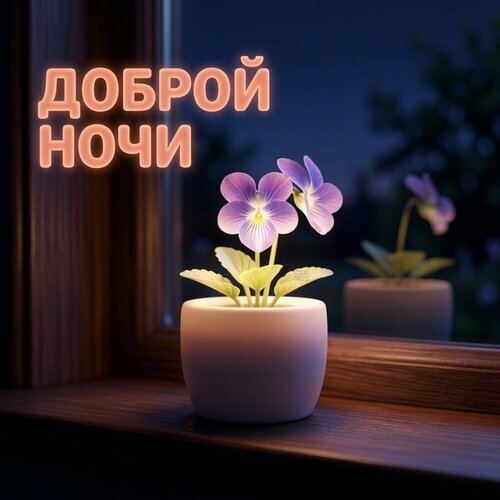 Красивая открытка «Доброй ночи» с нежным фиолетовым цветком на подоконнике. Уютная и эстетичная картинка для пожелания спокойной ночи. Открытка Доброй ночи Эстетичная и уютная открытка с надписью «Доброй ночи» на фоне ночного окна. На переднем плане — изящный фиолетовый цветок в белом горшке, стоящий на подоконнике. Мягкое освещение, глубокие синие и теплые розовые тона создают атмосферу спокойствия, нежности и умиротворения