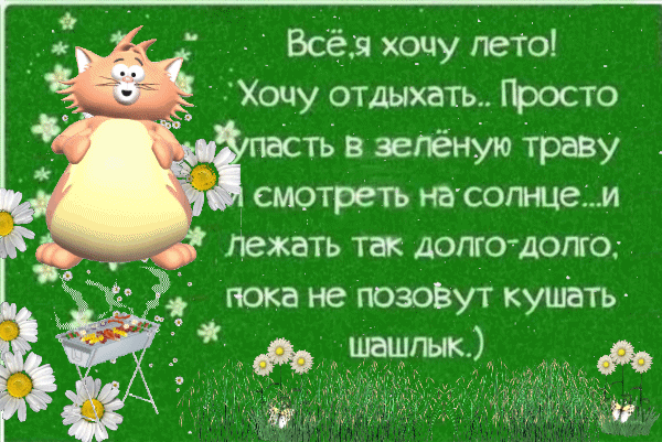 Милая открытка с рыжим котом и текстом про лето, отдых в траве и шашлыки. Яркая летняя картинка для настроения и пожеланий хорошего отдыха. Анимированная открытка Все, я хочу лето! Хочу отдыхать... Просто упасть в зеленую траву и смотреть на солнце... и лежать та Забавная летняя открытка с мультяшным рыжим котом на зеленом фоне с полевыми цветами. На картинке расположен душевный текст на русском языке о желании отдыхать, лежать в зеленой траве, смотреть на солнце и ждать, когда позовут кушать шашлык