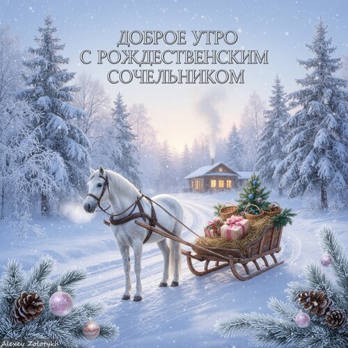 Праздничная открытка «Доброе утро с Рождеством»: белый конь с санками и подарками в заснеженном лесу у уютного дома. Сказочная зимняя атмосфера. Открытка Поздравляю вас с Рождественским сочельником Красивая праздничная открытка к Рождеству с зимним пейзажем. На изображении белый конь тянет санки, наполненные подарками, по заснеженной тропинке мимо уютного деревянного дома в лесу. Вокруг — пушистые ели в снегу, создающие атмосферу волшебства и сказки. Текст на картинке: «Доброе утро с Рождественским сочельником»