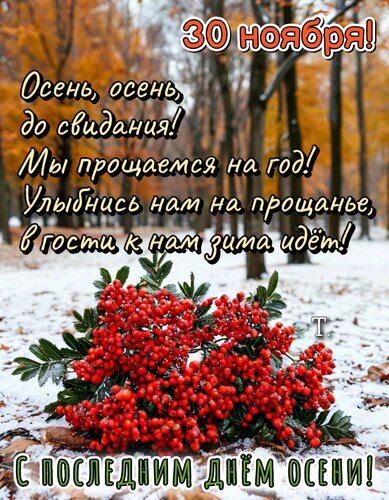 Открытка с поздравлением с последним днем осени (30 ноября). Красивые красные ягоды рябины на фоне осеннего леса. Поздравление с прощанием осени. Открытка 30 ноября. С последним днем осени! Красочное осеннее открытка с надписью «30 ноября! Осень, осень, до свидания! Мы прощаемся на год! Улыбнись нам на прощанье, в гости к нам зима идет! С последним днем осени!». На фоне заснеженного леса и опавшей листвы изображена пышная ветка ярко-красных ягод рябины Открытка с поздравлением с последним днем осени (30 ноября). Красивые красные ягоды рябины на фоне осеннего леса. Поздравление с прощанием осени. Открытка 30 ноября. С последним днем осени! Красочное осеннее открытка с надписью «30 ноября! Осень, осень, до свидания! Мы прощаемся на год! Улыбнись нам на прощанье, в гости к нам зима идет! С последним днем осени!». На фоне заснеженного леса и опавшей листвы изображена пышная ветка ярко-красных ягод рябины