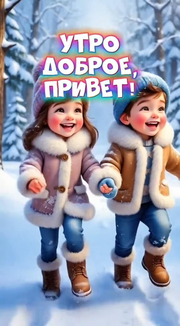Открытка с добрым зимним утром. ❄️Доброе утро two children are walking through the snow in winter clothes and holding hands with each other