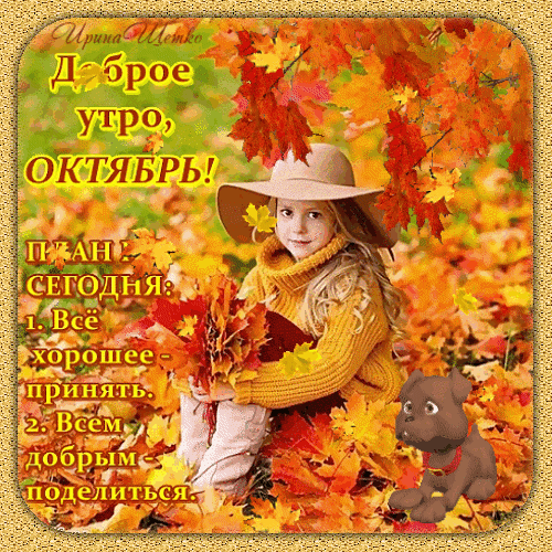 Осенняя открытка «Доброе утро, Октябрь!» с милой девочкой, щенком и мотивирующими цитатами на фоне золотых листьев. Идеально для пожеланий доброго утра. Анимированная открытка Доброе утро, октябрь! Красочная поздравительная открытка на осеннюю тематику с надписью «Доброе утро, Октябрь!». На изображении запечатлена милая девочка в уютном желтом свитере и шляпе, сидящая среди золотых и багряных осенних листьев рядом с маленьким очаровательным щенком. На картинке также размещен мотивирующий текст с «планом на день»: 1. Все хорошее — принять. 2. Всем добрым поделиться Осенняя открытка «Доброе утро, Октябрь!» с милой девочкой, щенком и мотивирующими цитатами на фоне золотых листьев. Идеально для пожеланий доброго утра. Анимированная открытка Доброе утро, октябрь! Красочная поздравительная открытка на осеннюю тематику с надписью «Доброе утро, Октябрь!». На изображении запечатлена милая девочка в уютном желтом свитере и шляпе, сидящая среди золотых и багряных осенних листьев рядом с маленьким очаровательным щенком. На картинке также размещен мотивирующий текст с «планом на день»: 1. Все хорошее — принять. 2. Всем добрым поделиться