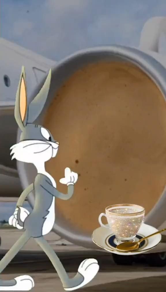 Открытка с добрым утром. Доброе утро 💐💐💐 a cartoon rabbit holding a coffee cup in front of an airplane Открытка с добрым утром. Доброе утро 💐💐💐 a cartoon rabbit holding a coffee cup in front of an airplane