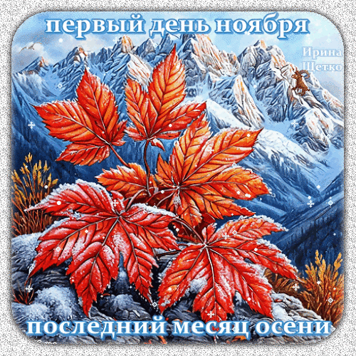 Осенняя открытка: ярко-красные кленовые листья на фоне заснеженных гор. Надпись: «Первый день ноября — последний месяц осени». Идеально для ноября. Анимированная открытка Первый день ноября Красочная осенняя открытка с изображением ярко-красных кленовых листьев на фоне заснеженных горных вершин. Иллюстрация передает атмосферу начала ноября и перехода от золотой осени к ранней зиме. Текст на картинке гласит: «Первый день ноября — последний месяц осени». Идеально подходит для поздравлений с наступлением ноября, сезонных постов в социальных сетях и создания осеннего настроения Осенняя открытка: ярко-красные кленовые листья на фоне заснеженных гор. Надпись: «Первый день ноября — последний месяц осени». Идеально для ноября. Анимированная открытка Первый день ноября Красочная осенняя открытка с изображением ярко-красных кленовых листьев на фоне заснеженных горных вершин. Иллюстрация передает атмосферу начала ноября и перехода от золотой осени к ранней зиме. Текст на картинке гласит: «Первый день ноября — последний месяц осени». Идеально подходит для поздравлений с наступлением ноября, сезонных постов в социальных сетях и создания осеннего настроения
