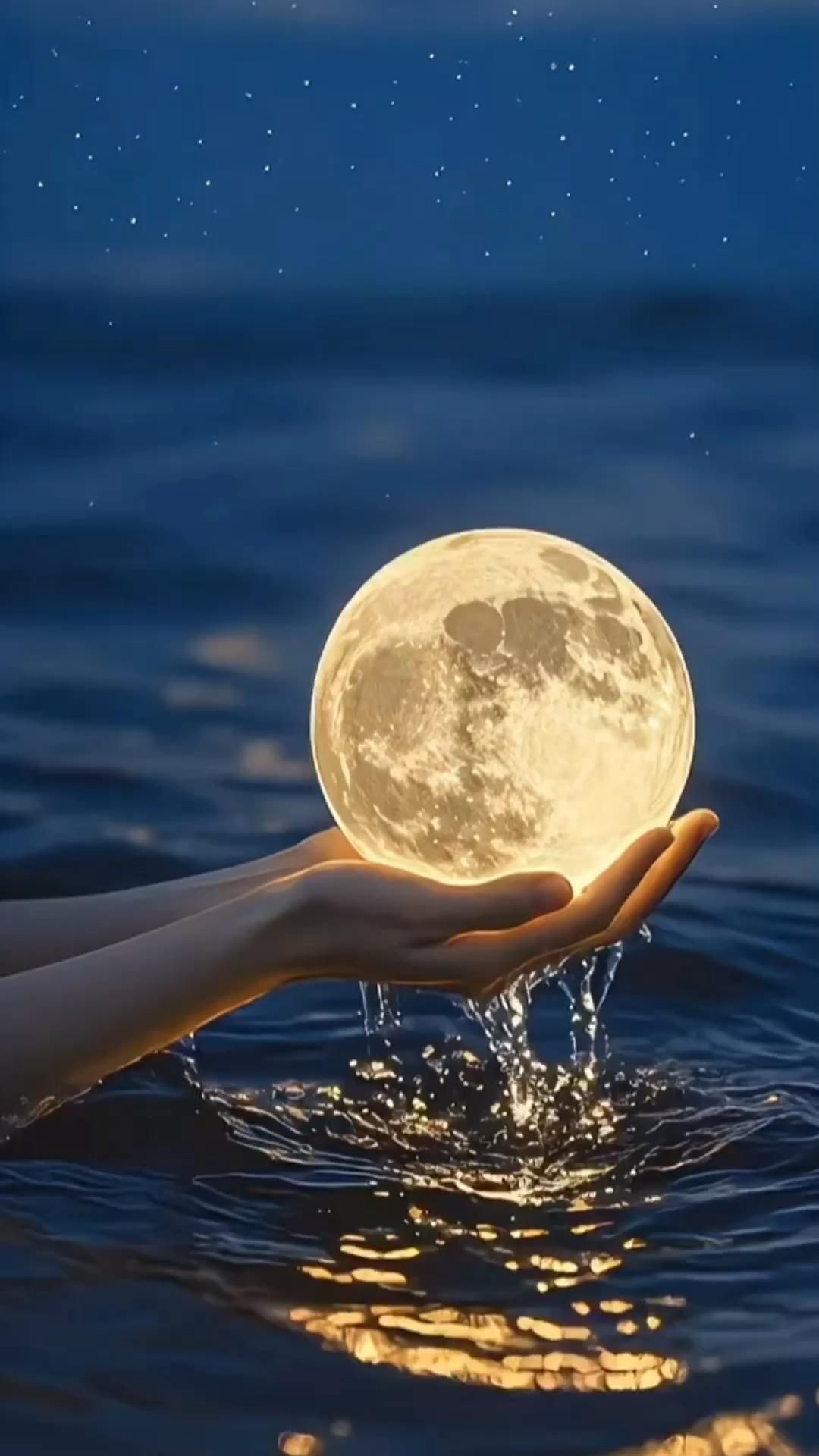 Открытка спокойной ночи. a person's hand holding the moon over water with stars in the sky above