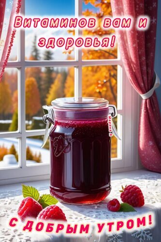 Доброе утро! Уютная осенняя открытка с малиновым морсом и пожеланием здоровья и витаминов. Красивый пейзаж за окном и сочные ягоды малины. Открытка С добрым утром! Витаминов вам и здоровья! Уютная осенняя открытка с пожеланием здоровья и витаминов. На подоконнике в светлой комнате стоит банка густого ягодного морса или джема насыщенного рубинового цвета. Рядом лежат спелые, сочные ягоды малины. За окном виден красивый осенний пейзаж с золотыми деревьями и легким снежным налетом. Надпись на картинке: Витаминов вам и здоровья! и С добрым утром! Доброе утро! Уютная осенняя открытка с малиновым морсом и пожеланием здоровья и витаминов. Красивый пейзаж за окном и сочные ягоды малины. Открытка С добрым утром! Витаминов вам и здоровья! Уютная осенняя открытка с пожеланием здоровья и витаминов. На подоконнике в светлой комнате стоит банка густого ягодного морса или джема насыщенного рубинового цвета. Рядом лежат спелые, сочные ягоды малины. За окном виден красивый осенний пейзаж с золотыми деревьями и легким снежным налетом. Надпись на картинке: Витаминов вам и здоровья! и С добрым утром!