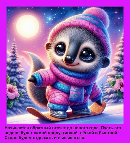 Милый зверек в зимней одежде на сноуборде под луной. Новогоднее пожелание продуктивной недели и скорого отдыха. Сказочная зимняя иллюстрация. Открытка Начинается обратный отсчет до нового года. Пусть эта неделя будет самой продуктивной, легкой и быс Милая и сказочная иллюстрация с изображением очаровательного зверька (хорька или енота) в розовом зимнем костюме и шапке, катающегося на сноуборде. Фон представляет собой волшебный зимний пейзаж под светом полной луны и звездного неба. Картинка наполнена атмосферой уюта, ожидания праздника и зимней сказки. Подпись на русском языке гласит: 