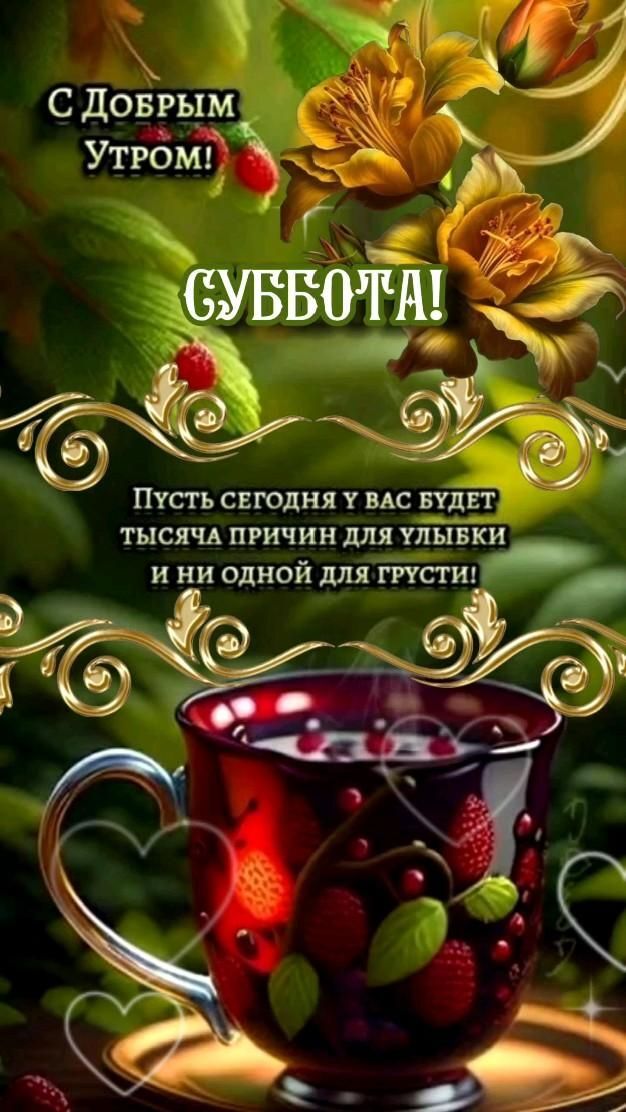 Открытка на субботу. Суббота,Доброе утро. a cup with berries in it on top of a table Открытка на субботу. Суббота,Доброе утро. a cup with berries in it on top of a table