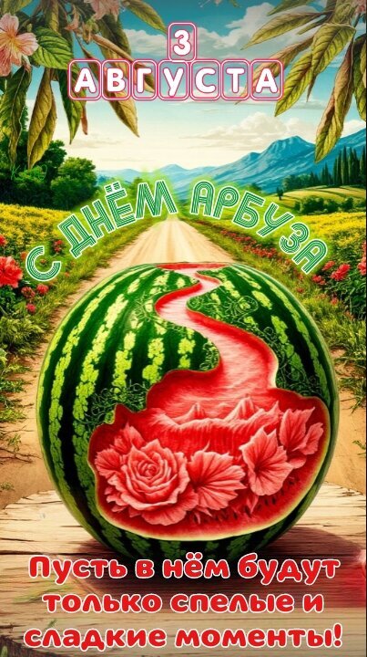 Поздравительная открытка к Дню арбуза (3 августа). Красивый спелый арбуз с узором из роз на фоне летнего пейзажа. Пожелание сладких и спелых моментов! Открытка 3 августа. С днем арбуза. Яркая поздравительная открытка к Дню арбуза. На изображении представлен крупный, реалистично прорезанный спелый арбуз с сочной красной мякотью и изысканным узором в виде роз внутри. Фон представляет собой живописный летний пейзаж с дорогой, уходящей к горам, и цветущими садами под голубым небом. Текст на русском языке гласит: 3 августа — С Днем арбуза! Пусть в нем будут только спелые и сладкие моменты!