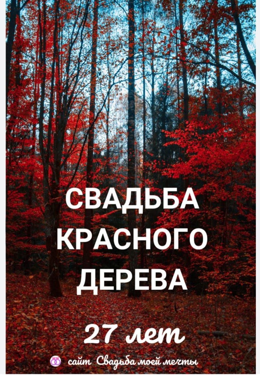 Открытка с годовщиной свадьбы. свадьба красного дерева на 27 лет the words in russian are surrounded by red leaves and trees with blue sky behind them
