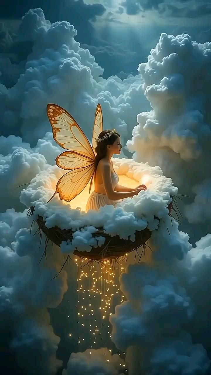 Открытка спокойной ночи. a fairy sitting on top of a cloud in the sky Открытка спокойной ночи. a fairy sitting on top of a cloud in the sky