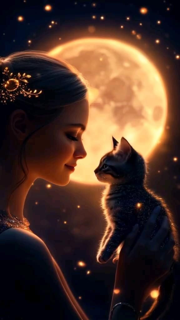 Открытка спокойной ночи. a woman holding a kitten in front of a full moon
