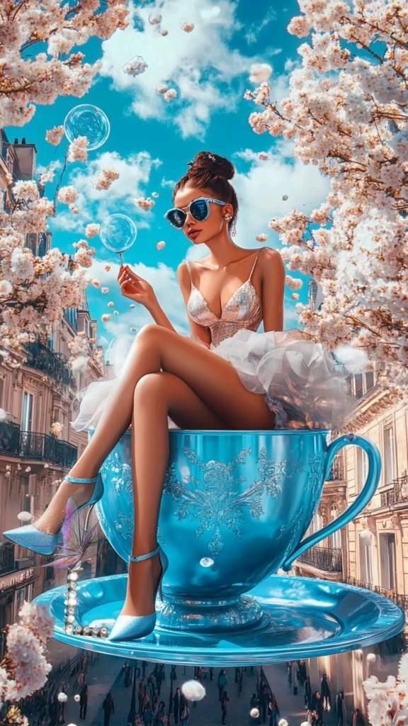 Открытка с добрым утром. a woman sitting on top of a blue cup. Девушка в чашке, цветущие деревья. Нет текста.