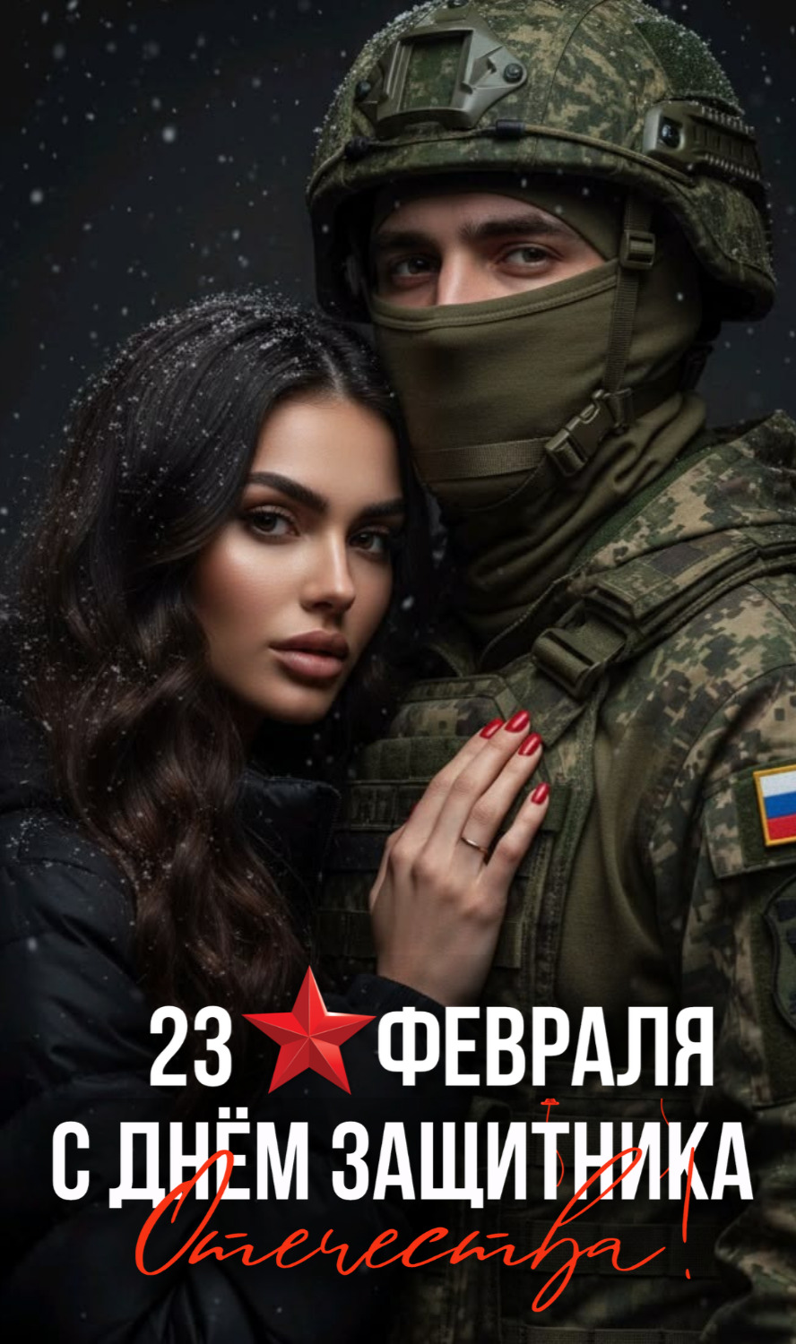 Открытка с 23 февраля День Защитника Отечества. Солдат Армии России с девушкой.