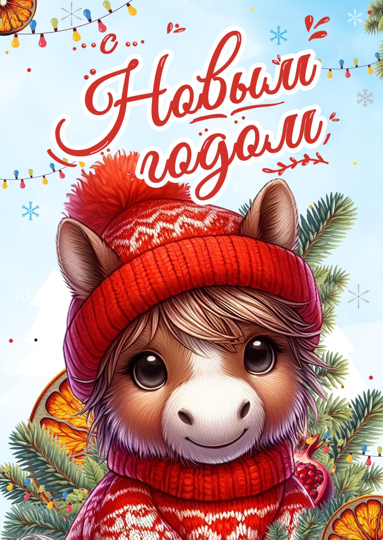 Открытка с Новым годом. Новогодняя открытка поздравительная открытка открытка на новый год Открытка НОВЫЙ ГОД 2026 a christmas card with an animal wearing a knitted hat and scarf on it's head