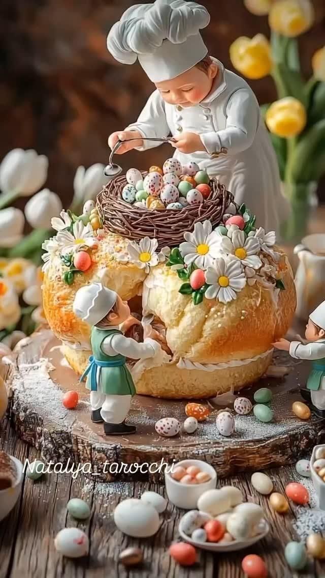 Открытка на Пасху. #natalya_tarocchi #foryou #followme #fyp a cake that is sitting on top of a table with flowers and eggs around it