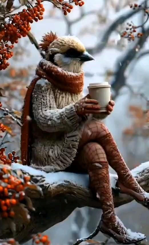 Открытка на Зиму. a person sitting on a tree branch holding a cup