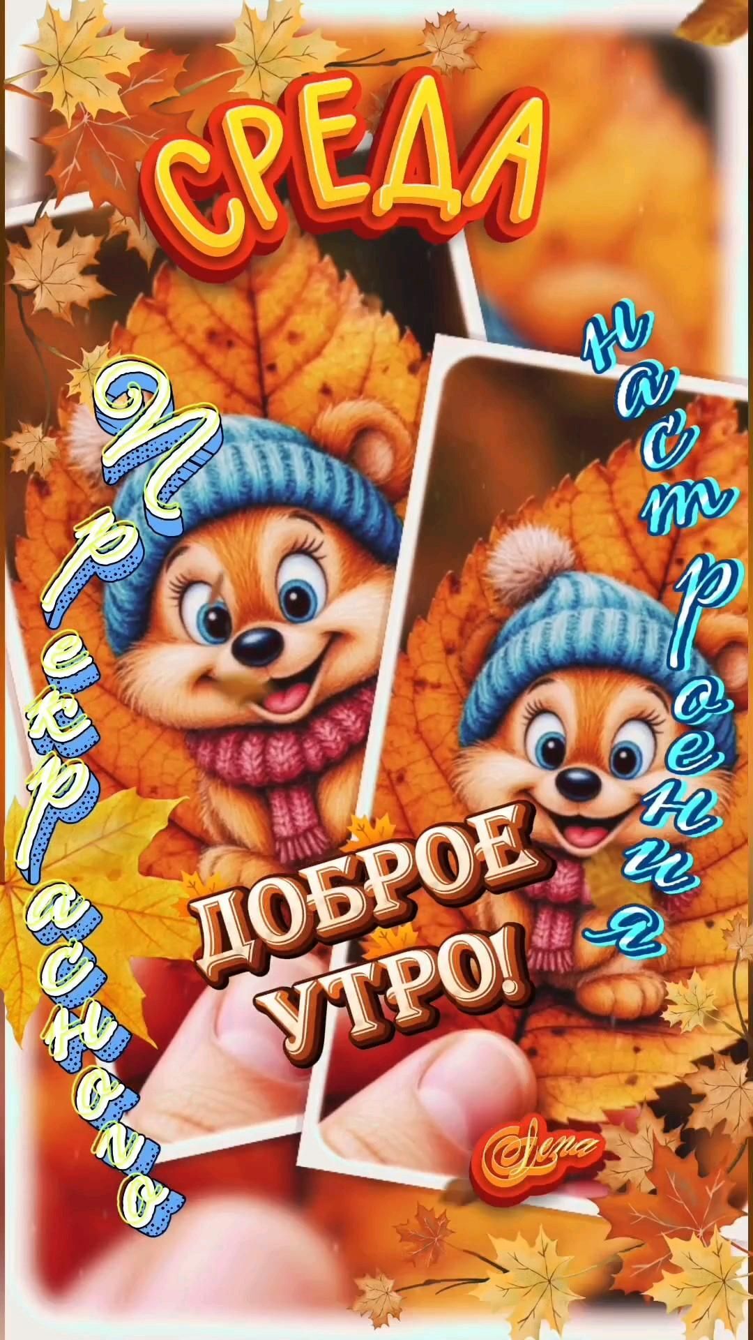 Открытка на среду. Доброе утро/Среда/an advertisement for the ice cream company with two little bears holding leaves in their hands Открытка на среду. Доброе утро/Среда/an advertisement for the ice cream company with two little bears holding leaves in their hands