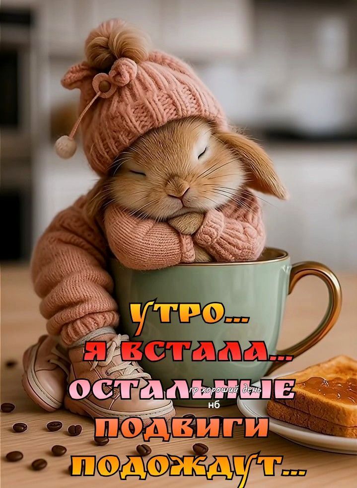 Открытка с добрым утром. Заспанный кролик. Подвиги подождут. Открытка с добрым утром. Заспанный кролик. Подвиги подождут.