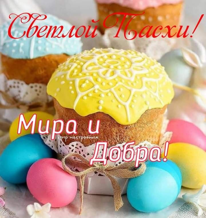 Открытка на Пасху. an easter card with cupcakes and colored eggs