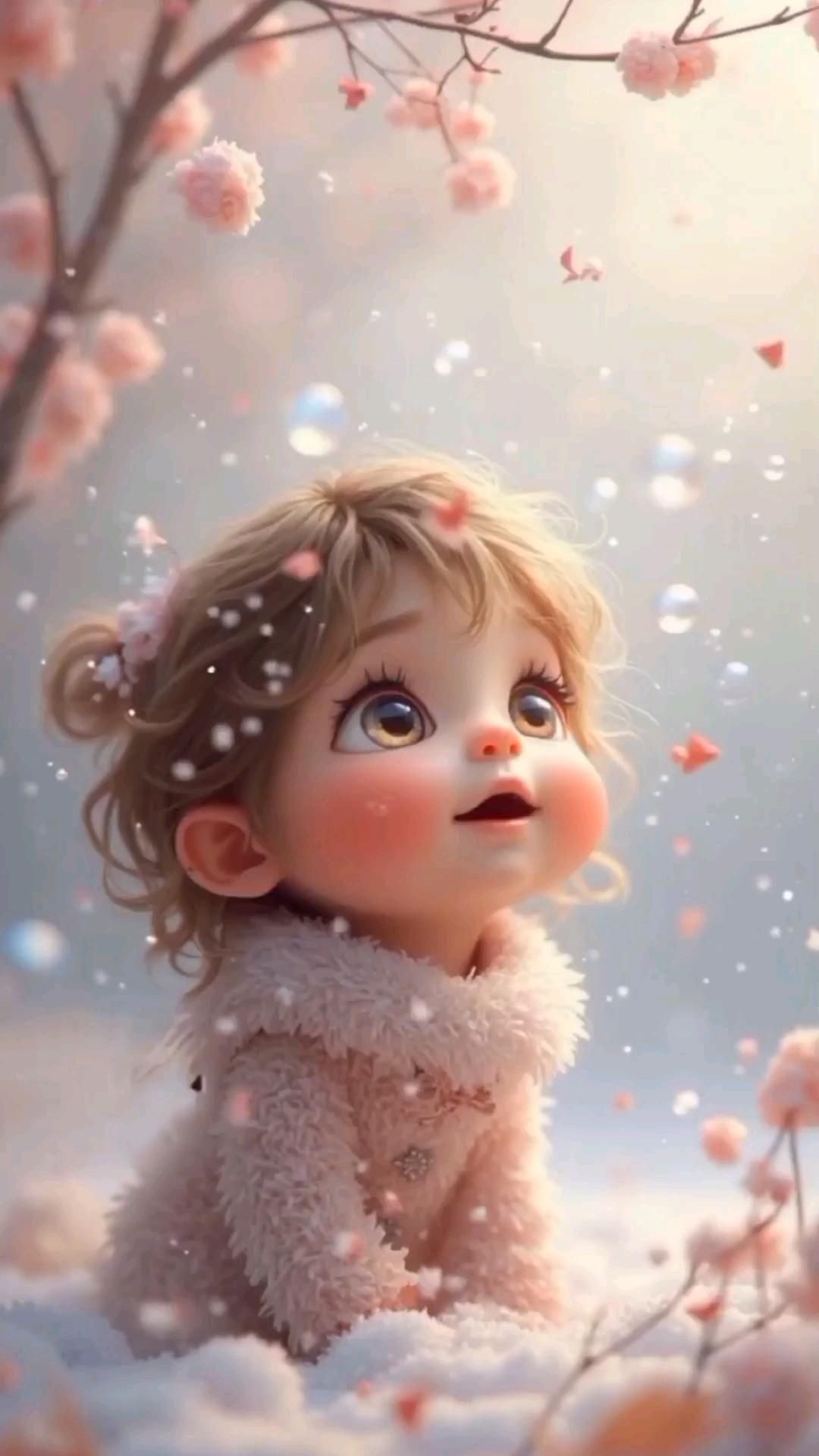 Открытка на Зиму. Доброе Утро ❤️Девочка и ветки с цветами, снег.