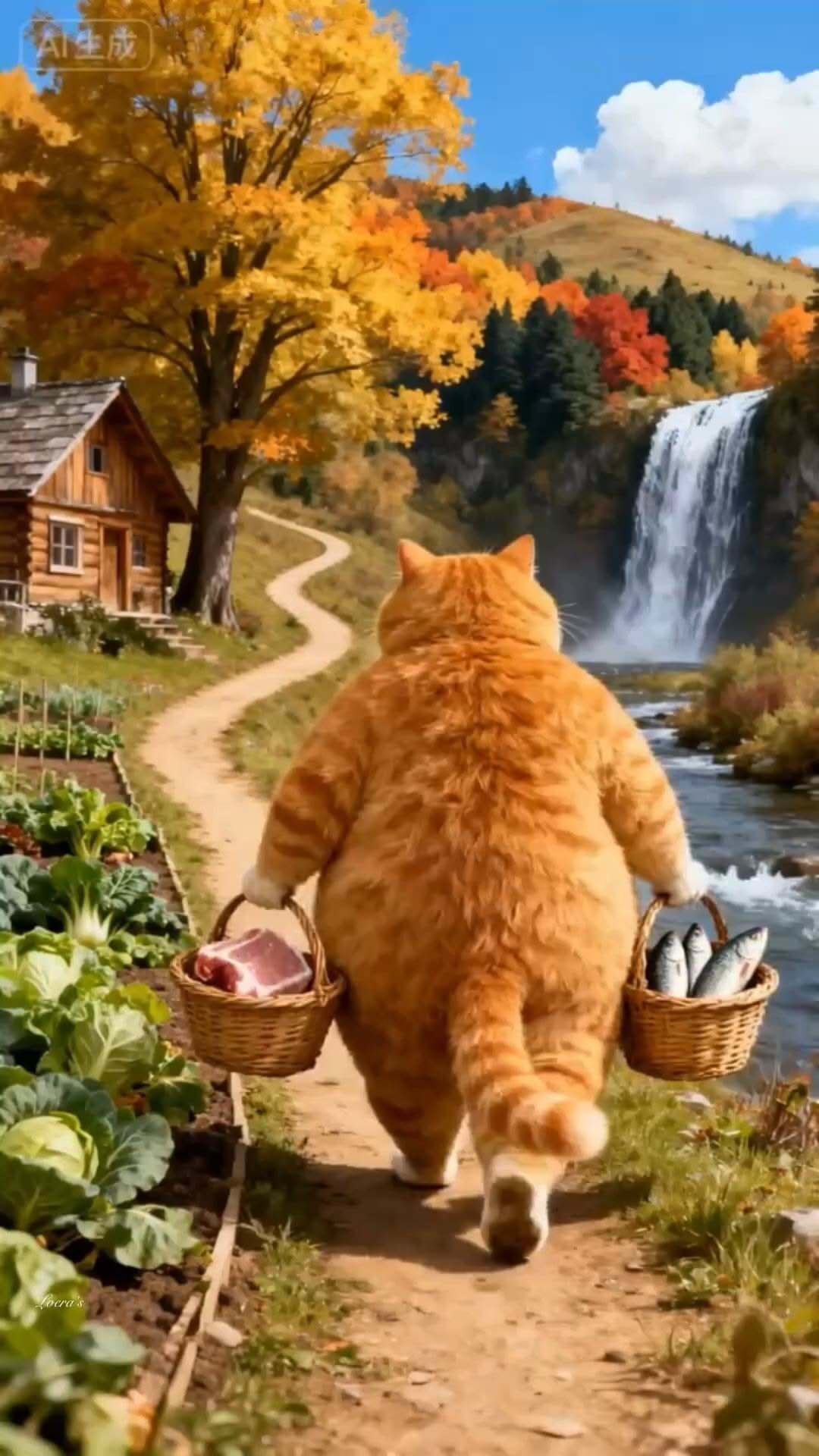 Открытка про кошек, котиков. an orange cat walking down a path with a basket in his hand and a waterfall in the background