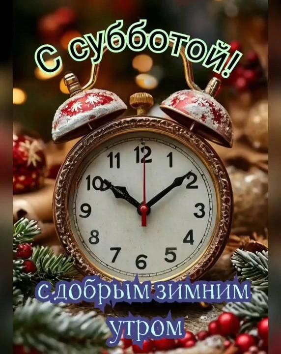Открытка на субботу. С добрым зимним утром субботы. an old fashioned clock sitting on top of a christmas tree with the words russian in front of it