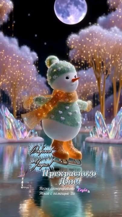 Открытка на Зиму с добрым утром. Снеговик. a snowman is skating on the ice at night