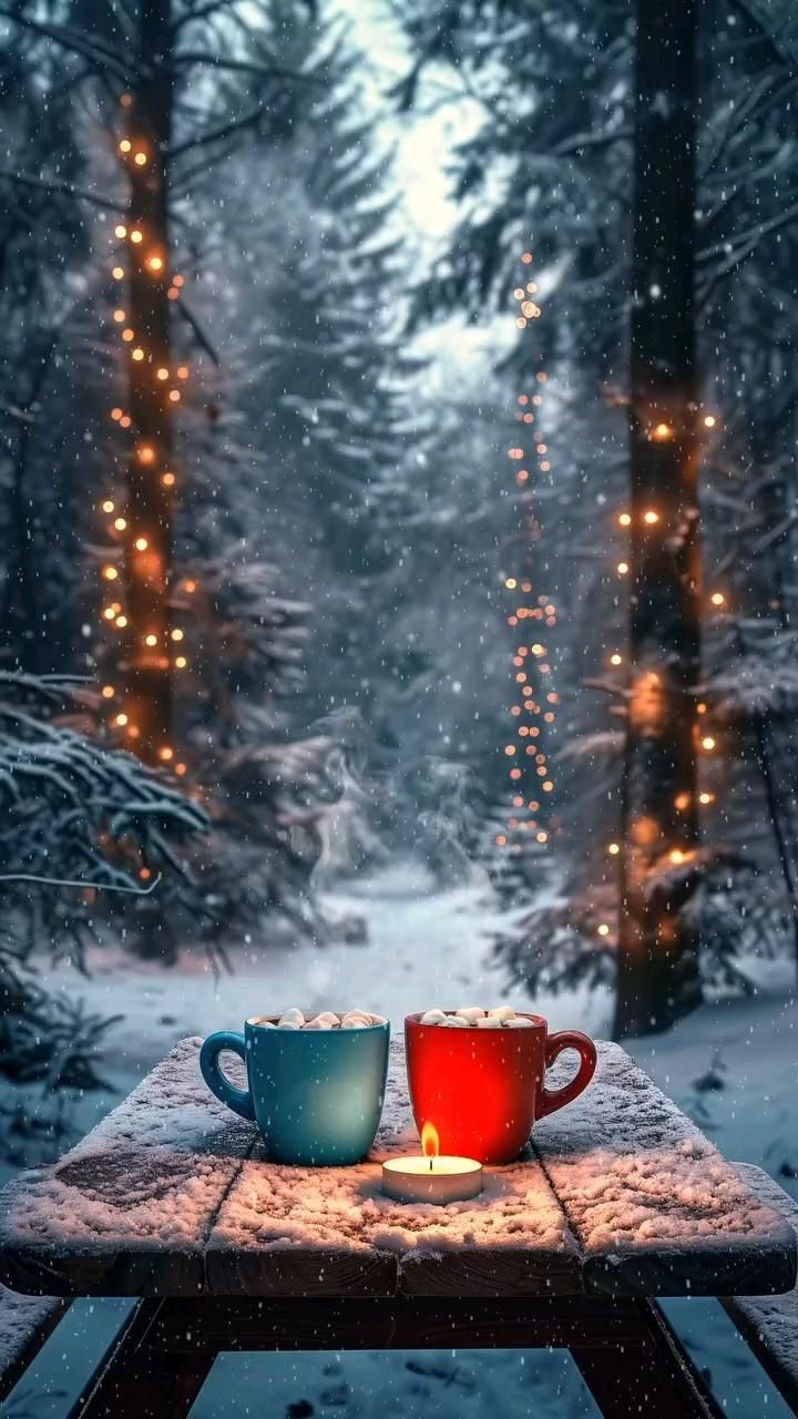 Открытка на Зиму. Чашки с свечка на столе в зимнем лесу. #sleep #relaxing #relaxation Winter Forest Escape 🌲 two cups sitting on top of a wooden table in the middle of a snow covered forest