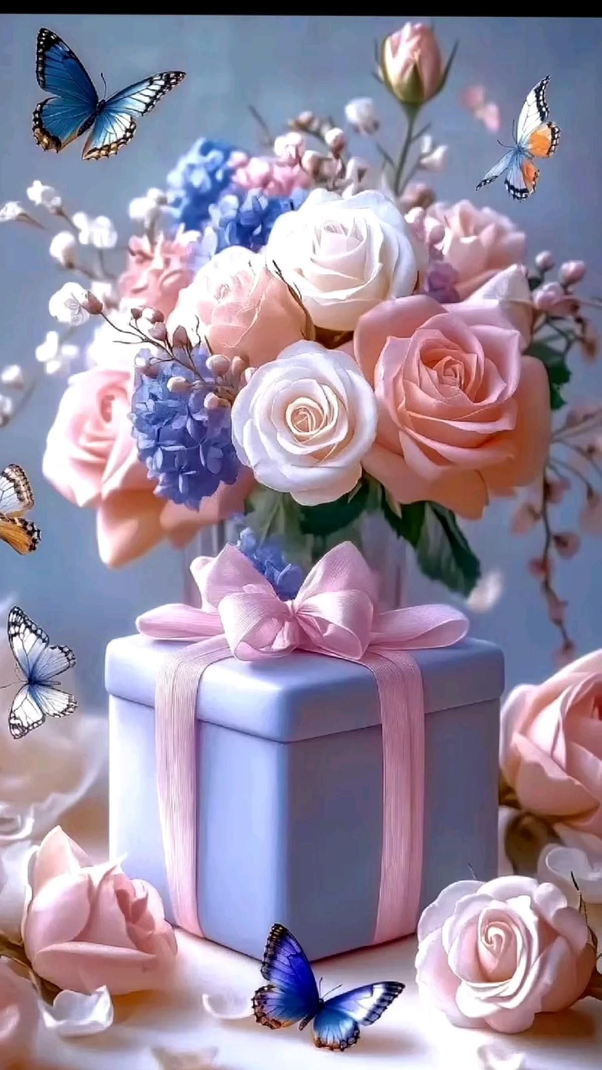 Открытка с днем рождения. 🤍💐Нет текста. Подарок и цветы, бабочки. Открытка с днем рождения. 🤍💐Нет текста. Подарок и цветы, бабочки.